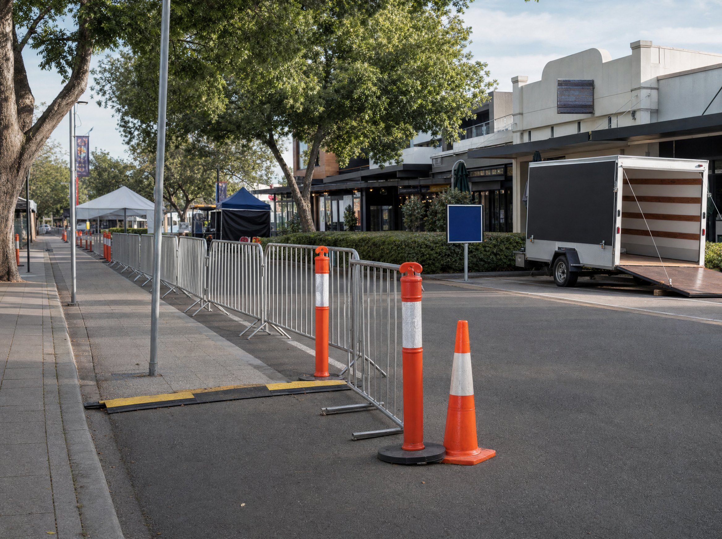Temporary event access zone with cones, barriers and street context