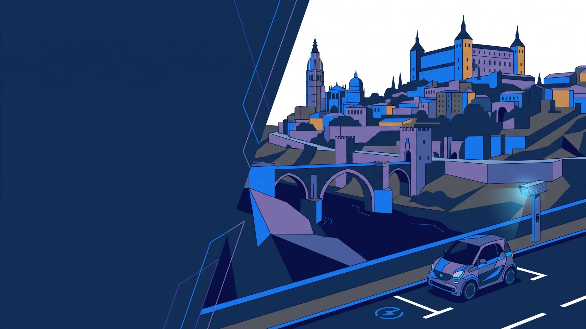 Ilustración editorial de operaciones ANPR y cumplimiento en Toledo